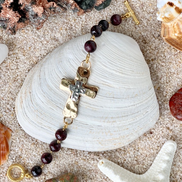 Christian Garnet Gemstone Cross Bracelet - “Linked in Faith” - Picture 2 of 5